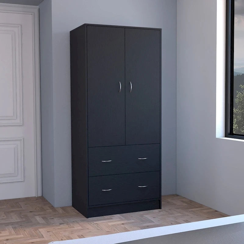 Armadio in legno composito nero/bianco con doppie ante, bastone appendiabiti e 2 cassetti