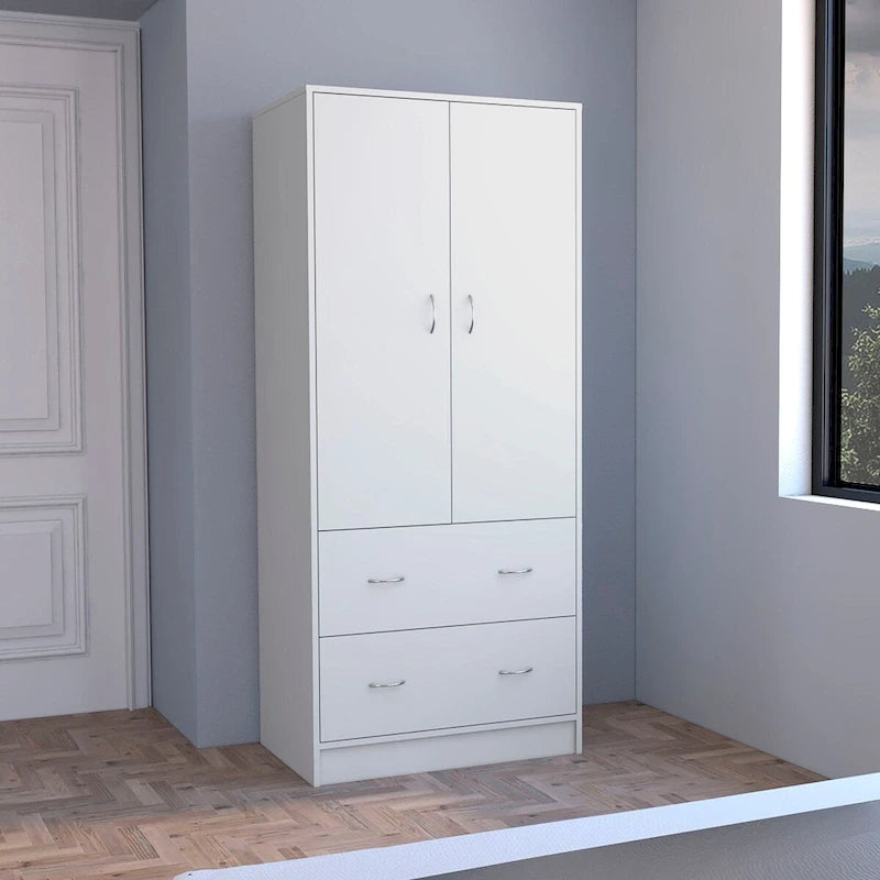 Armadio in legno composito nero/bianco con doppie ante, bastone appendiabiti e 2 cassetti