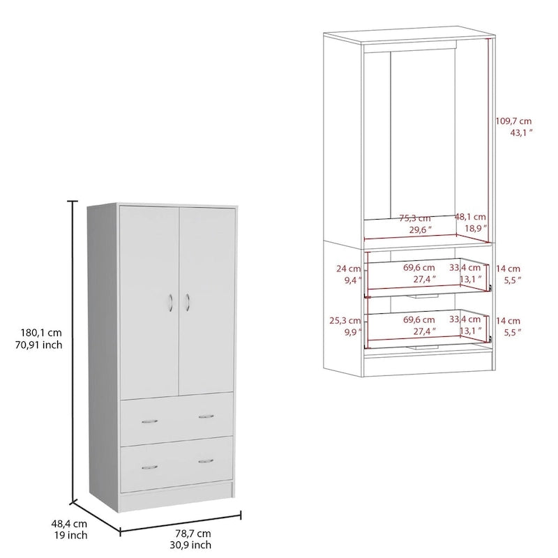 Armadio in legno composito nero/bianco con doppie ante, bastone appendiabiti e 2 cassetti