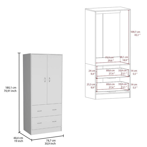 Armadio in legno composito nero/bianco con doppie ante, bastone appendiabiti e 2 cassetti