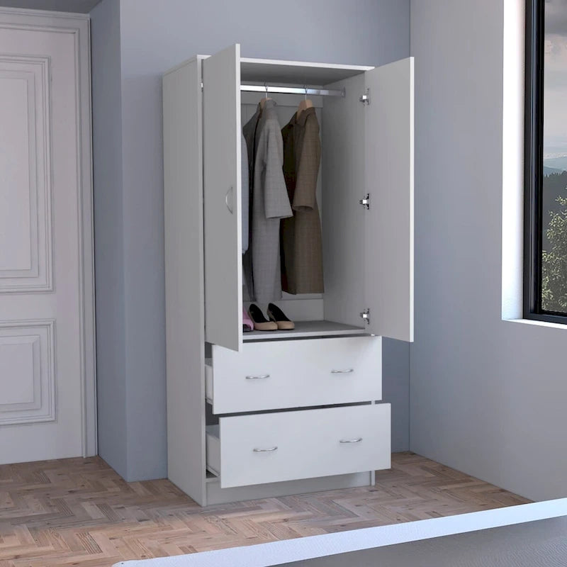 Armadio in legno composito nero/bianco con doppie ante, bastone appendiabiti e 2 cassetti