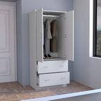 Armadio in legno composito nero/bianco con doppie ante, bastone appendiabiti e 2 cassetti