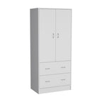 Armadio in legno composito nero/bianco con doppie ante, bastone appendiabiti e 2 cassetti