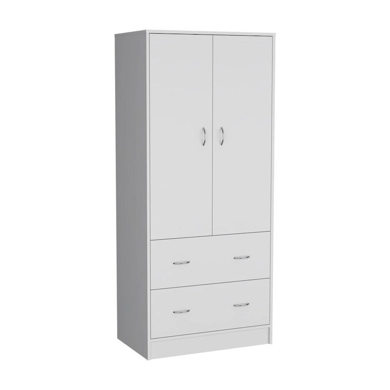 Armadio in legno composito nero/bianco con doppie ante, bastone appendiabiti e 2 cassetti