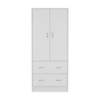 Armadio in legno composito nero/bianco con doppie ante, bastone appendiabiti e 2 cassetti