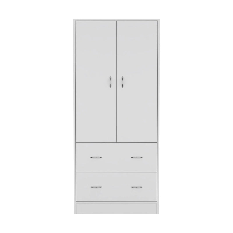 Armadio in legno composito nero/bianco con doppie ante, bastone appendiabiti e 2 cassetti