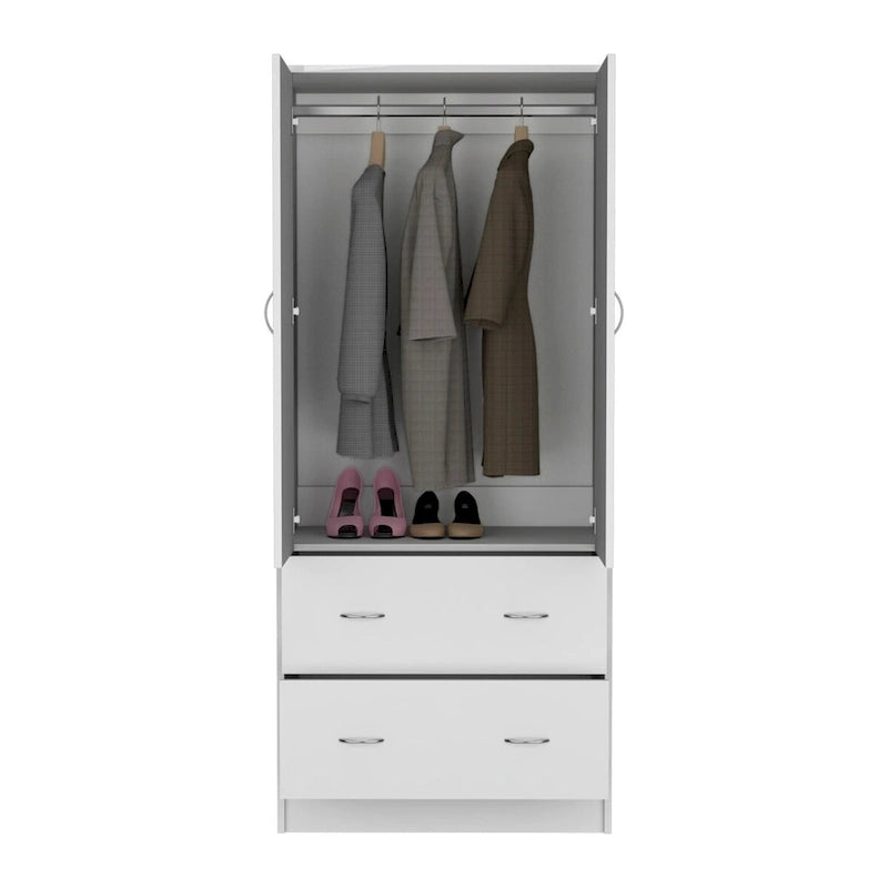 Armadio in legno composito nero/bianco con doppie ante, bastone appendiabiti e 2 cassetti