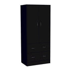 Armadio in legno composito nero/bianco con doppie ante, bastone appendiabiti e 2 cassetti