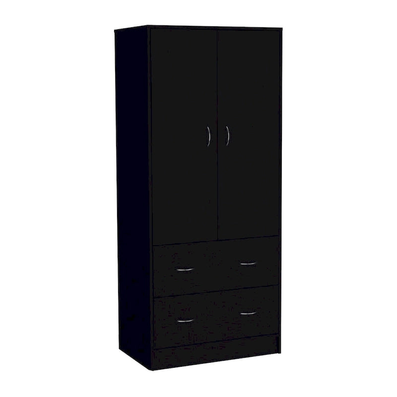 Armadio in legno composito nero/bianco con doppie ante, bastone appendiabiti e 2 cassetti