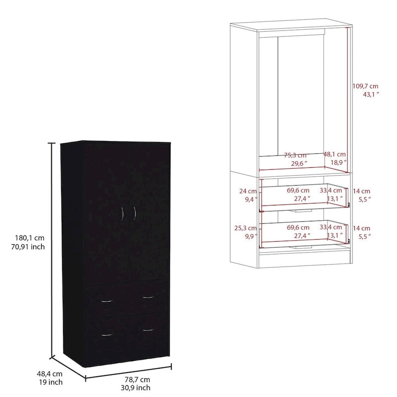 Armadio in legno composito nero/bianco con doppie ante, bastone appendiabiti e 2 cassetti