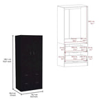 Armadio in legno composito nero/bianco con doppie ante, bastone appendiabiti e 2 cassetti