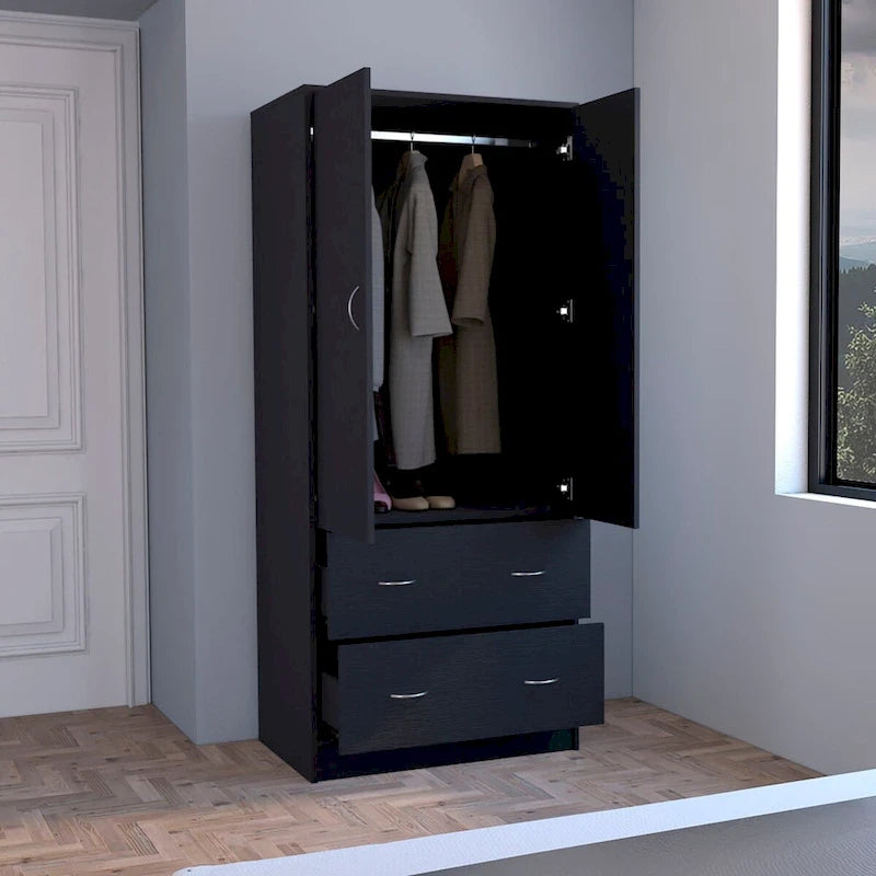 Armadio in legno composito nero/bianco con doppie ante, bastone appendiabiti e 2 cassetti