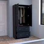 Armadio in legno composito nero/bianco con doppie ante, bastone appendiabiti e 2 cassetti