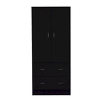Armadio in legno composito nero/bianco con doppie ante, bastone appendiabiti e 2 cassetti