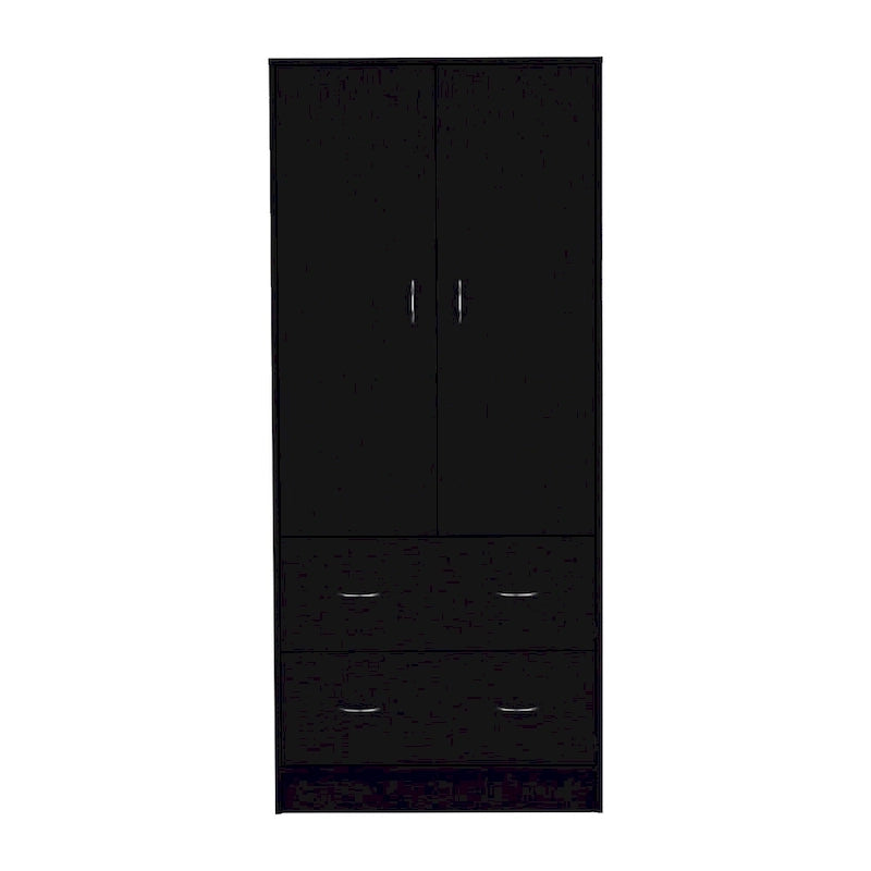 Armadio in legno composito nero/bianco con doppie ante, bastone appendiabiti e 2 cassetti