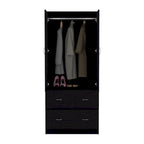 Armadio in legno composito nero/bianco con doppie ante, bastone appendiabiti e 2 cassetti