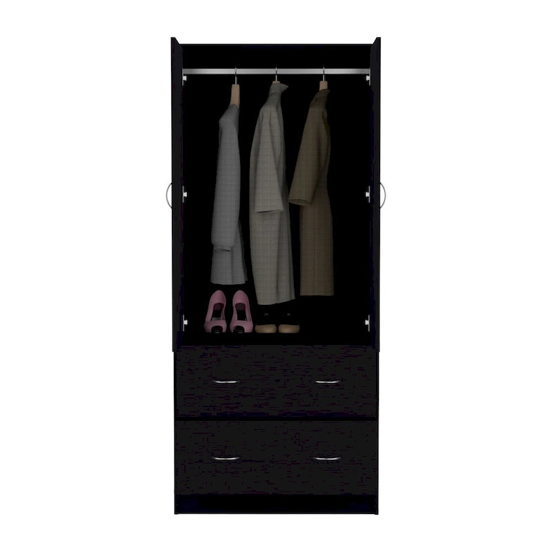 Armadio in legno composito nero/bianco con doppie ante, bastone appendiabiti e 2 cassetti