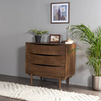 Comodino a 3 cassetti in legno massello di rovere/noce con maniglie intagliate (Singolo)