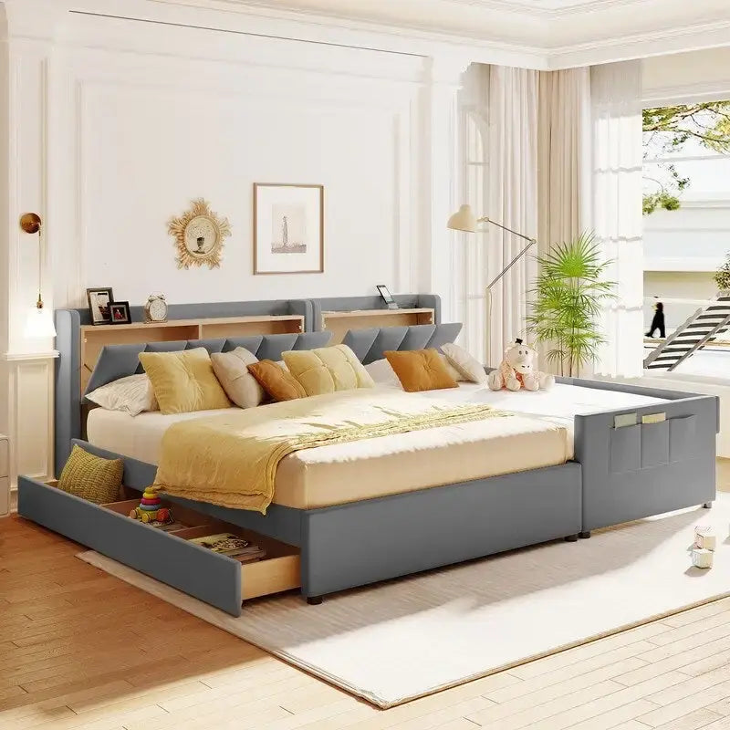 Letto a castello in similpelle PU beige/grigio per madre e figlio con contenitore idraulico (Queen + Twin XL)