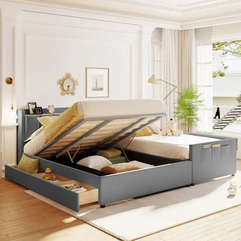 Letto a castello in similpelle PU beige/grigio per madre e figlio con contenitore idraulico (Queen + Twin XL)