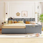 Letto a castello in similpelle PU beige/grigio per madre e figlio con contenitore idraulico (Queen + Twin XL)