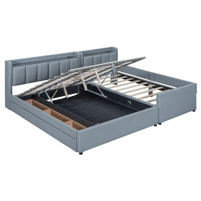 Letto a castello in similpelle PU beige/grigio per madre e figlio con contenitore idraulico (Queen + Twin XL)