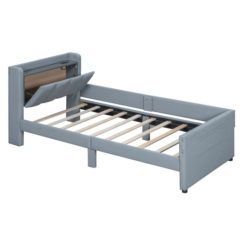 Letto a castello in similpelle PU beige/grigio per madre e figlio con contenitore idraulico (Queen + Twin XL)