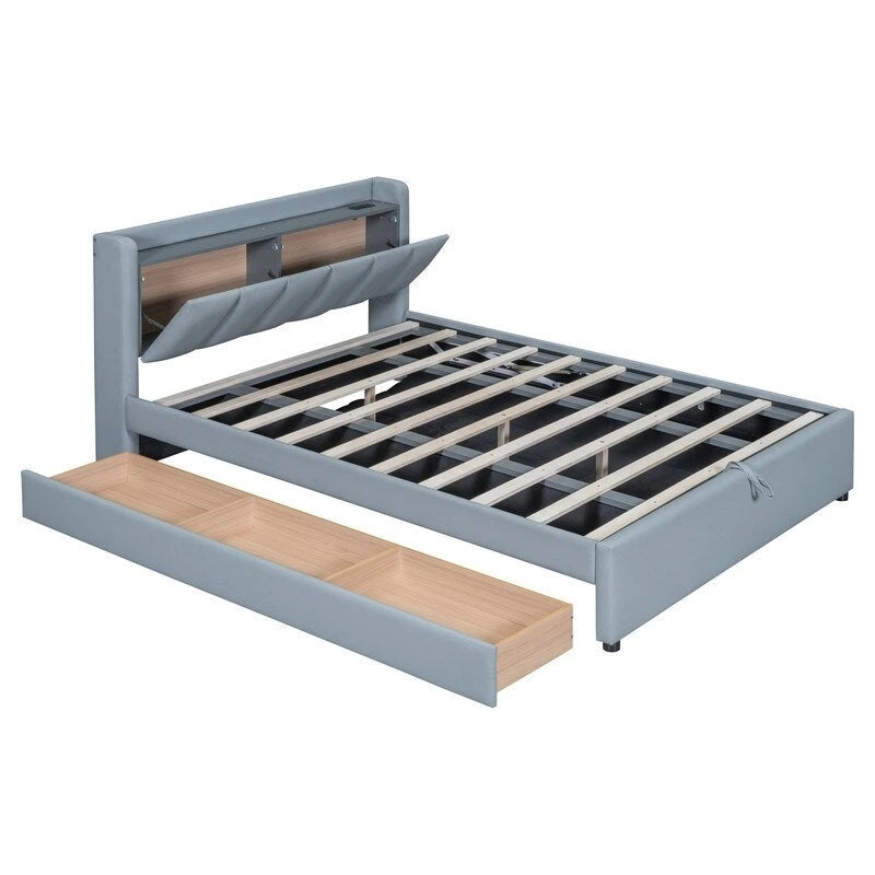 Letto a castello in similpelle PU beige/grigio per madre e figlio con contenitore idraulico (Queen + Twin XL)