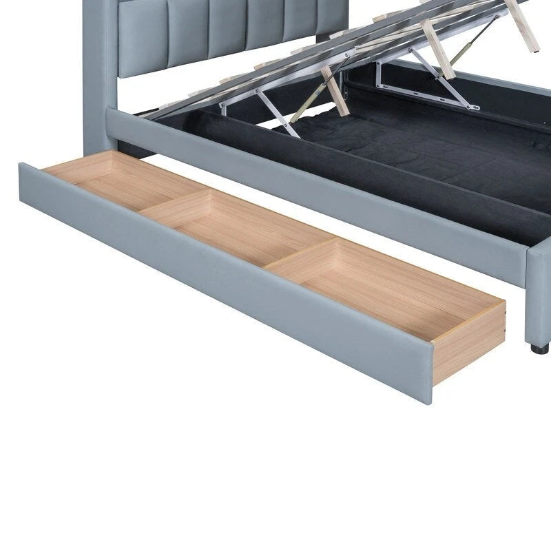 Letto a castello in similpelle PU beige/grigio per madre e figlio con contenitore idraulico (Queen + Twin XL)