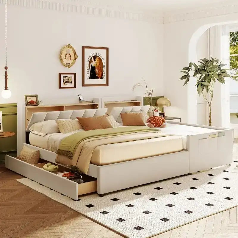 Letto a castello in similpelle PU beige/grigio per madre e figlio con contenitore idraulico (Queen + Twin XL)