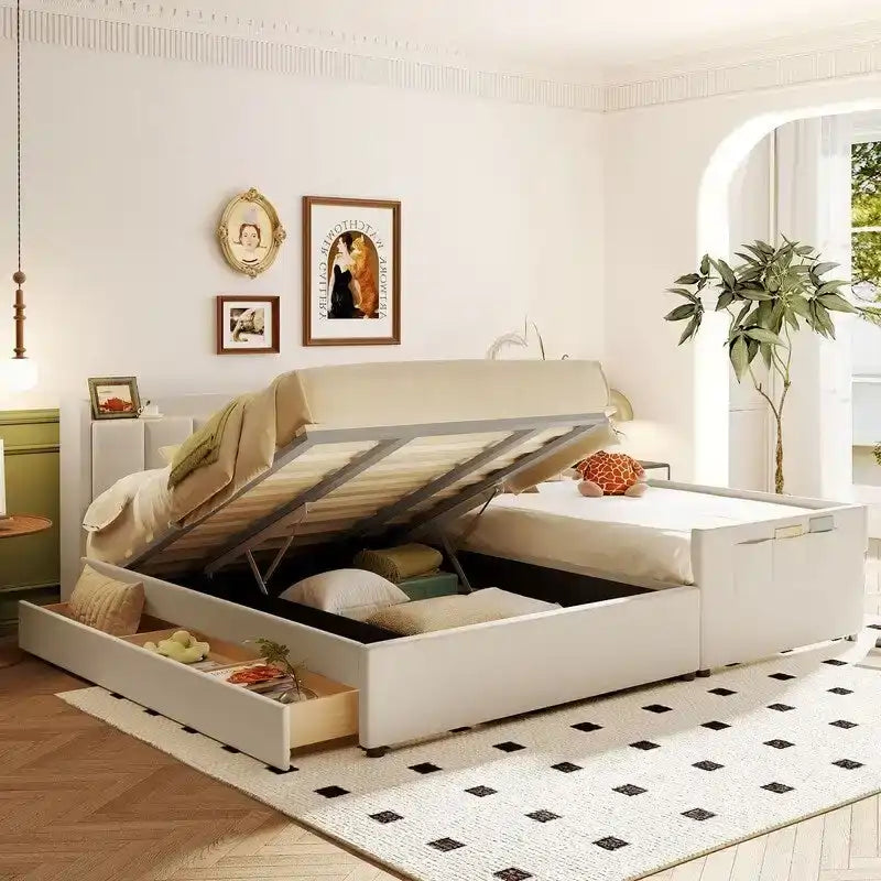 Letto a castello in similpelle PU beige/grigio per madre e figlio con contenitore idraulico (Queen + Twin XL)