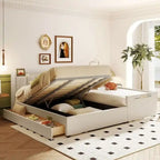 Letto a castello in similpelle PU beige/grigio per madre e figlio con contenitore idraulico (Queen + Twin XL)