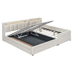 Letto a castello in similpelle PU beige/grigio per madre e figlio con contenitore idraulico (Queen + Twin XL)
