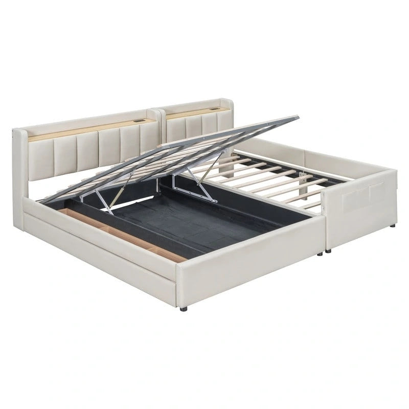 Letto a castello in similpelle PU beige/grigio per madre e figlio con contenitore idraulico (Queen + Twin XL)