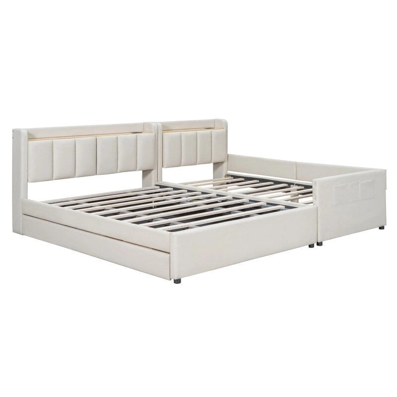 Letto a castello in similpelle PU beige/grigio per madre e figlio con contenitore idraulico (Queen + Twin XL)