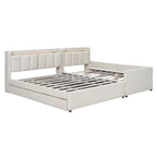 Letto a castello in similpelle PU beige/grigio per madre e figlio con contenitore idraulico (Queen + Twin XL)