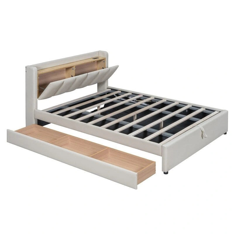Letto a castello in similpelle PU beige/grigio per madre e figlio con contenitore idraulico (Queen + Twin XL)
