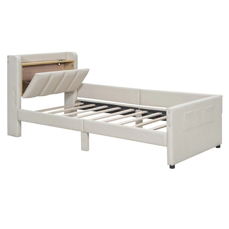 Letto a castello in similpelle PU beige/grigio per madre e figlio con contenitore idraulico (Queen + Twin XL)