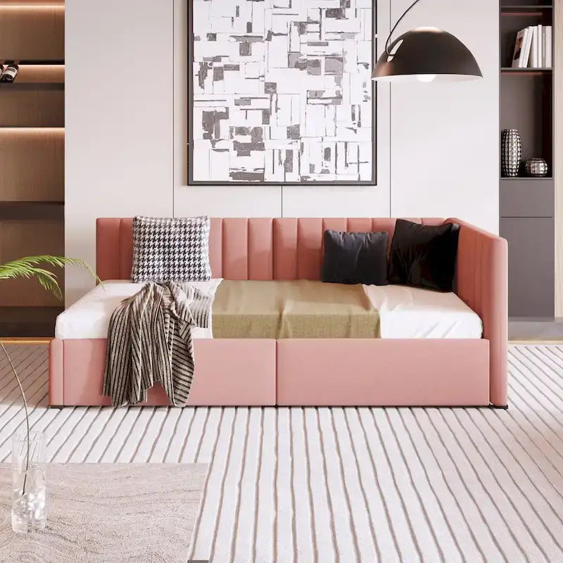 Divano Letto Singolo con Rivestimento in Lino Rosa e 2 Cassetti Contenitore (Montaggio per 2 Persone)