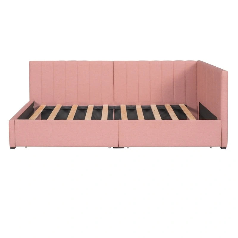 Divano Letto Singolo con Rivestimento in Lino Rosa e 2 Cassetti Contenitore (Montaggio per 2 Persone)