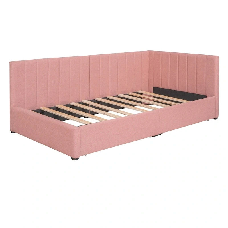Divano Letto Singolo con Rivestimento in Lino Rosa e 2 Cassetti Contenitore (Montaggio per 2 Persone)