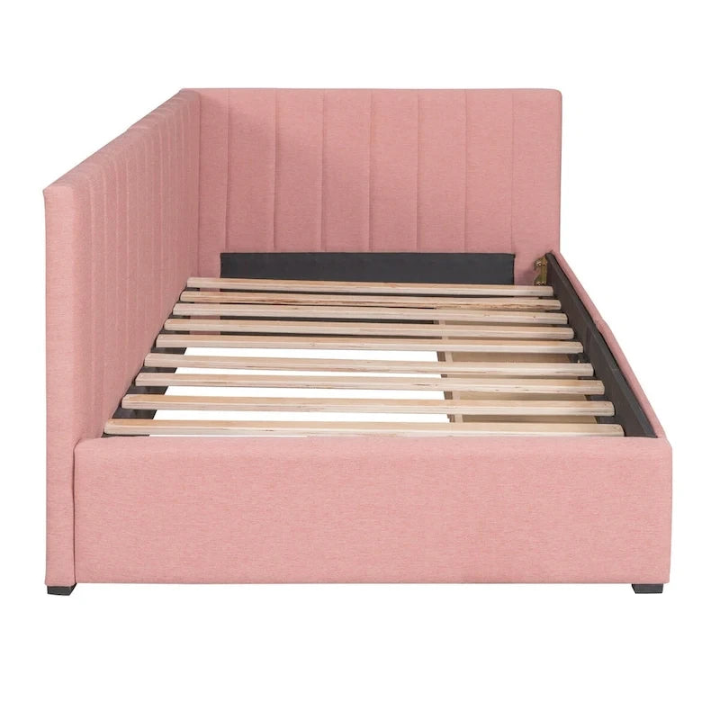Divano Letto Singolo con Rivestimento in Lino Rosa e 2 Cassetti Contenitore (Montaggio per 2 Persone)