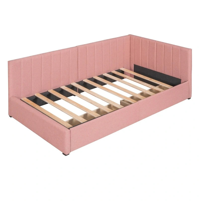 Divano Letto Singolo con Rivestimento in Lino Rosa e 2 Cassetti Contenitore (Montaggio per 2 Persone)