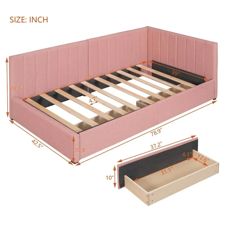 Divano Letto Singolo con Rivestimento in Lino Rosa e 2 Cassetti Contenitore (Montaggio per 2 Persone)