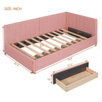 Divano Letto Singolo con Rivestimento in Lino Rosa e 2 Cassetti Contenitore (Montaggio per 2 Persone)