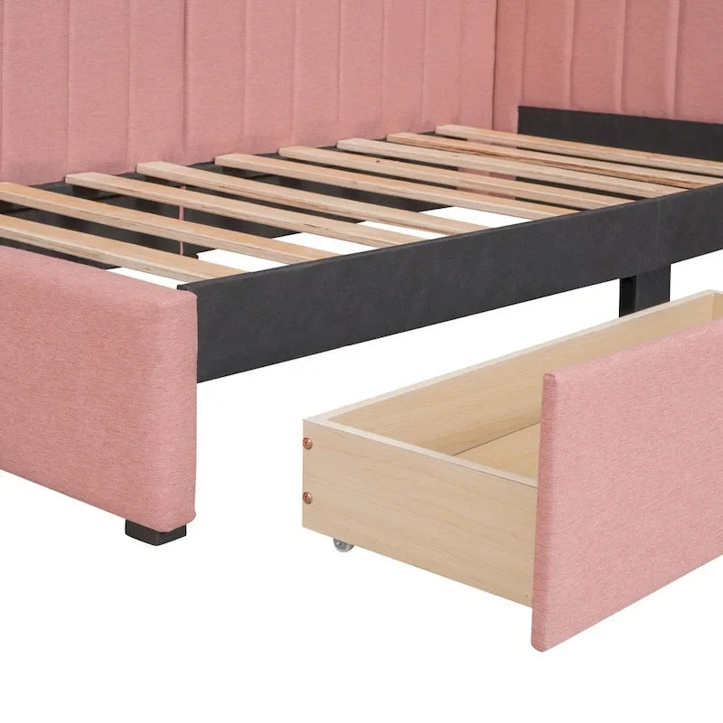 Divano Letto Singolo con Rivestimento in Lino Rosa e 2 Cassetti Contenitore (Montaggio per 2 Persone)