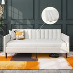 Divano letto singolo imbottito in boucle color avorio con schienale trapuntato a coste