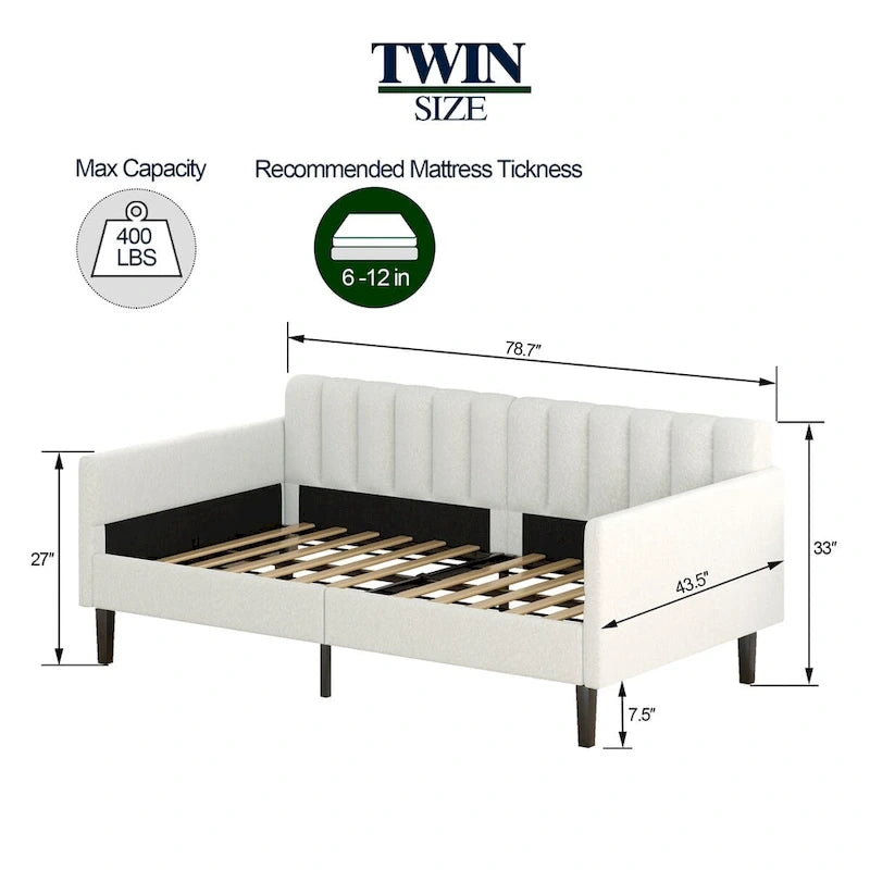 Divano letto singolo imbottito in boucle color avorio con schienale trapuntato a coste