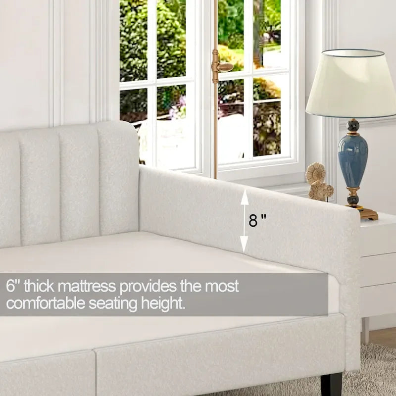 Divano letto singolo imbottito in boucle color avorio con schienale trapuntato a coste