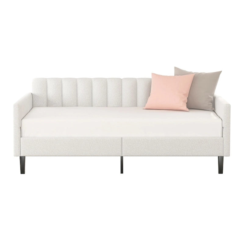 Divano letto singolo imbottito in boucle color avorio con schienale trapuntato a coste